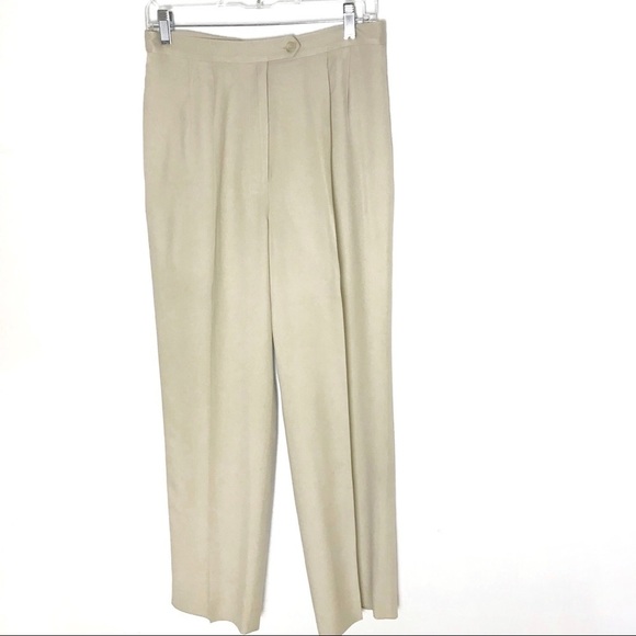 Vintage 100% silk khaki pant suit wide pleated leg - Picture 2 of 11